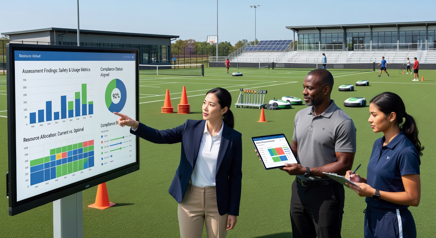 Recreational sports site undergoing assessment with staff reviewing compliance data on-site
