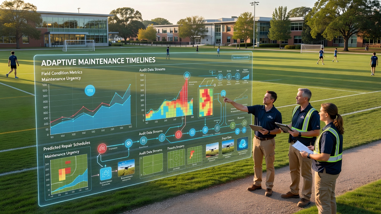 Dashboard displaying live audit data flows adjusting maintenance schedules for multiple school fields
