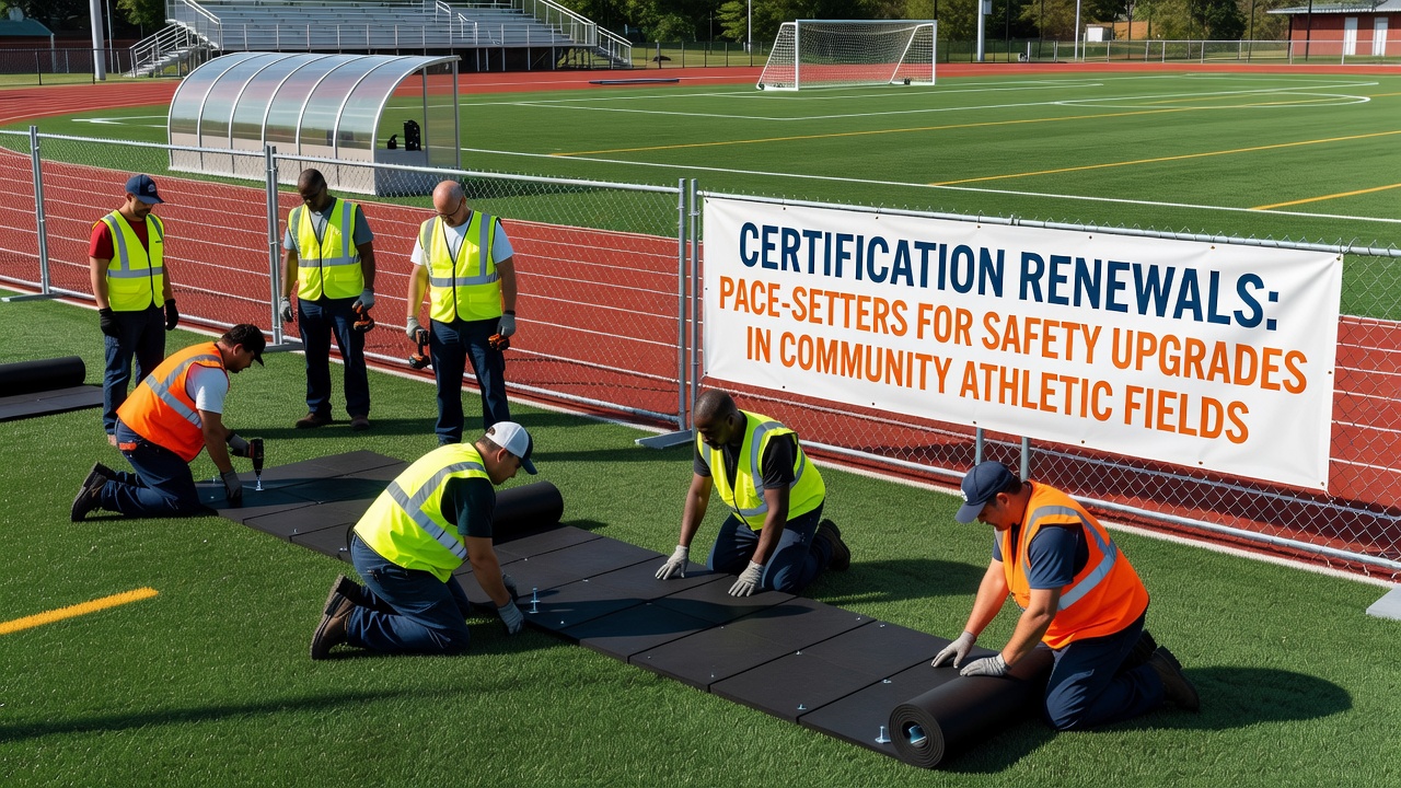 Maintenance team performing safety upgrades on athletic field equipment following certification review
