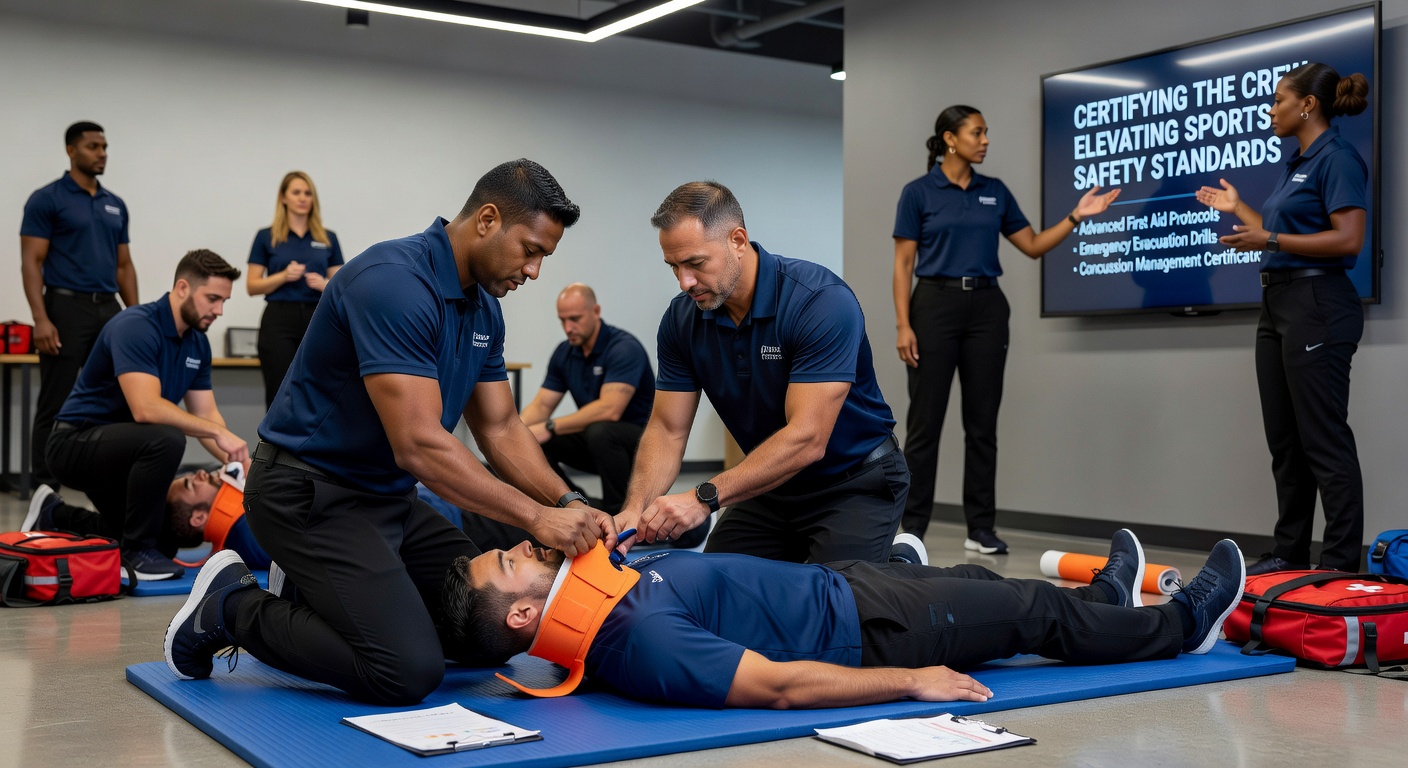 Group of sports venue staff participating in hands-on safety training drill, practicing emergency evacuation procedures under simulated conditions