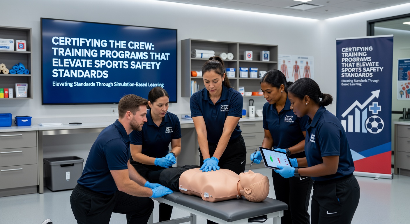 Certified sports safety instructors demonstrating advanced rescue techniques on a mock injured athlete during an outdoor training workshop