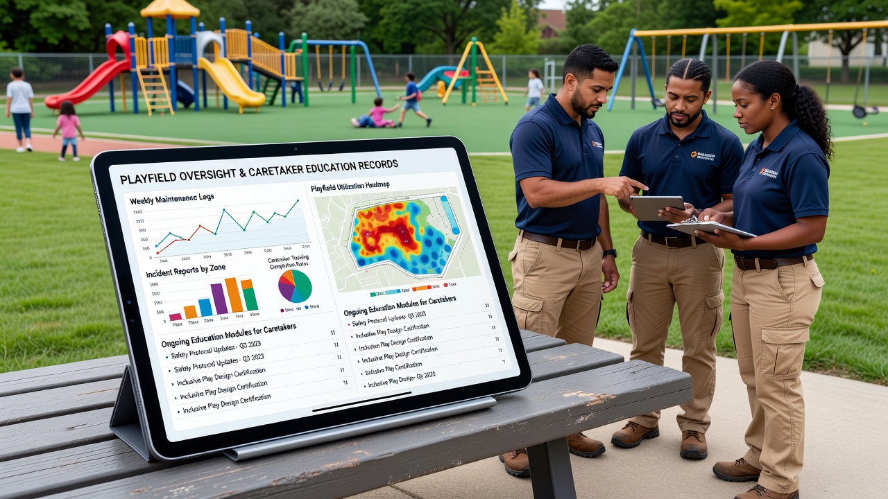 Caretakers reviewing detailed playfield maintenance logs and charts at a public recreation venue