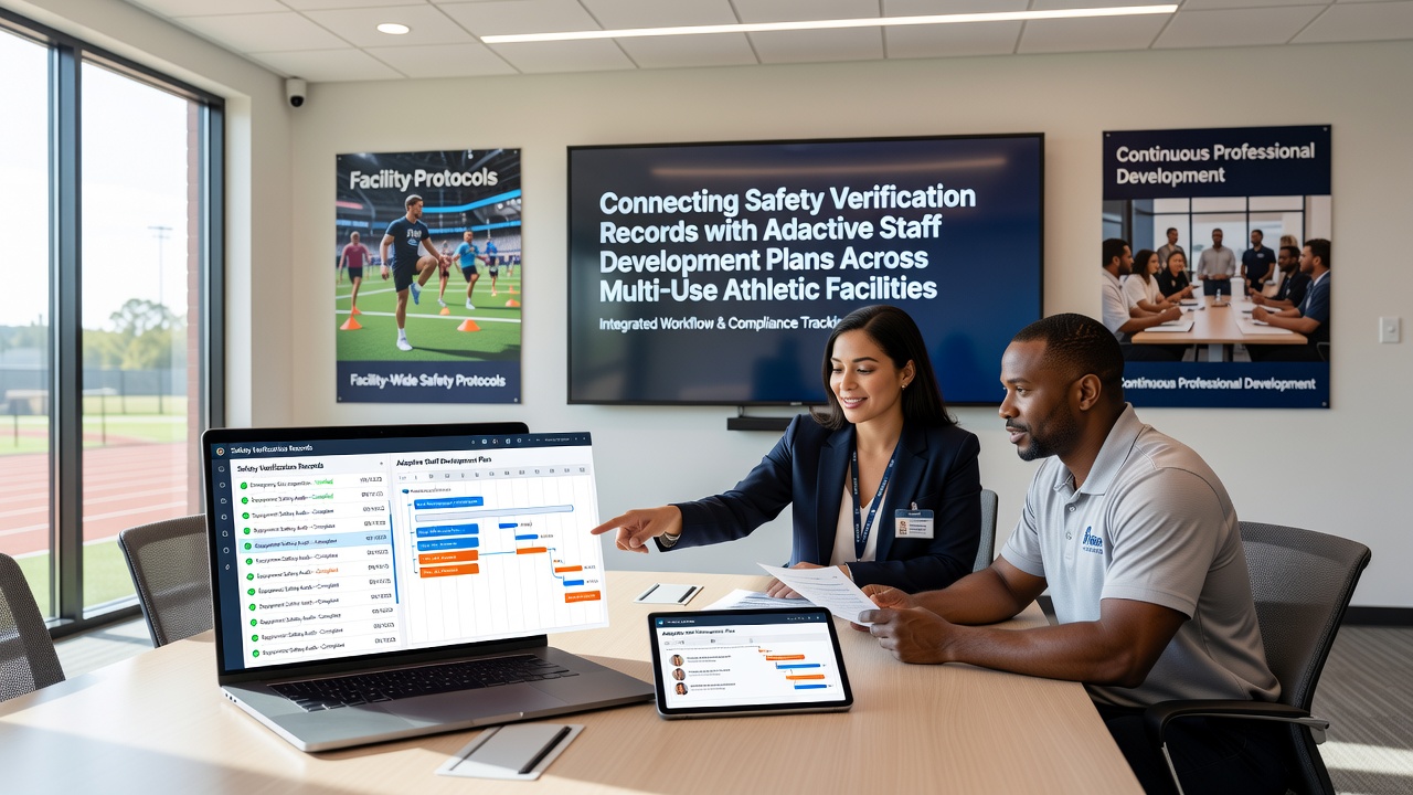 Training session where athletic complex staff practice procedures derived from recent safety verification findings