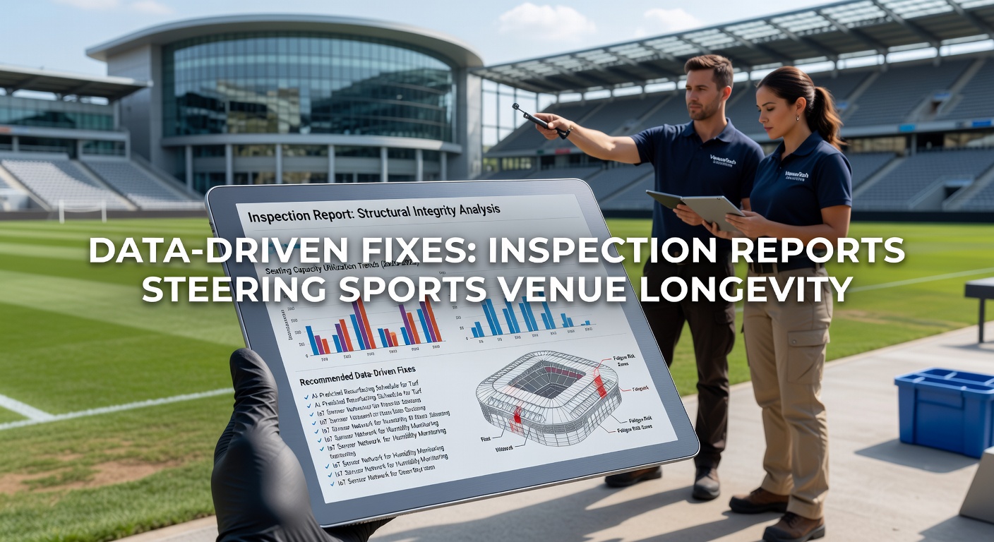 Digital dashboard displaying sports venue inspection data with graphs showing structural integrity trends over time