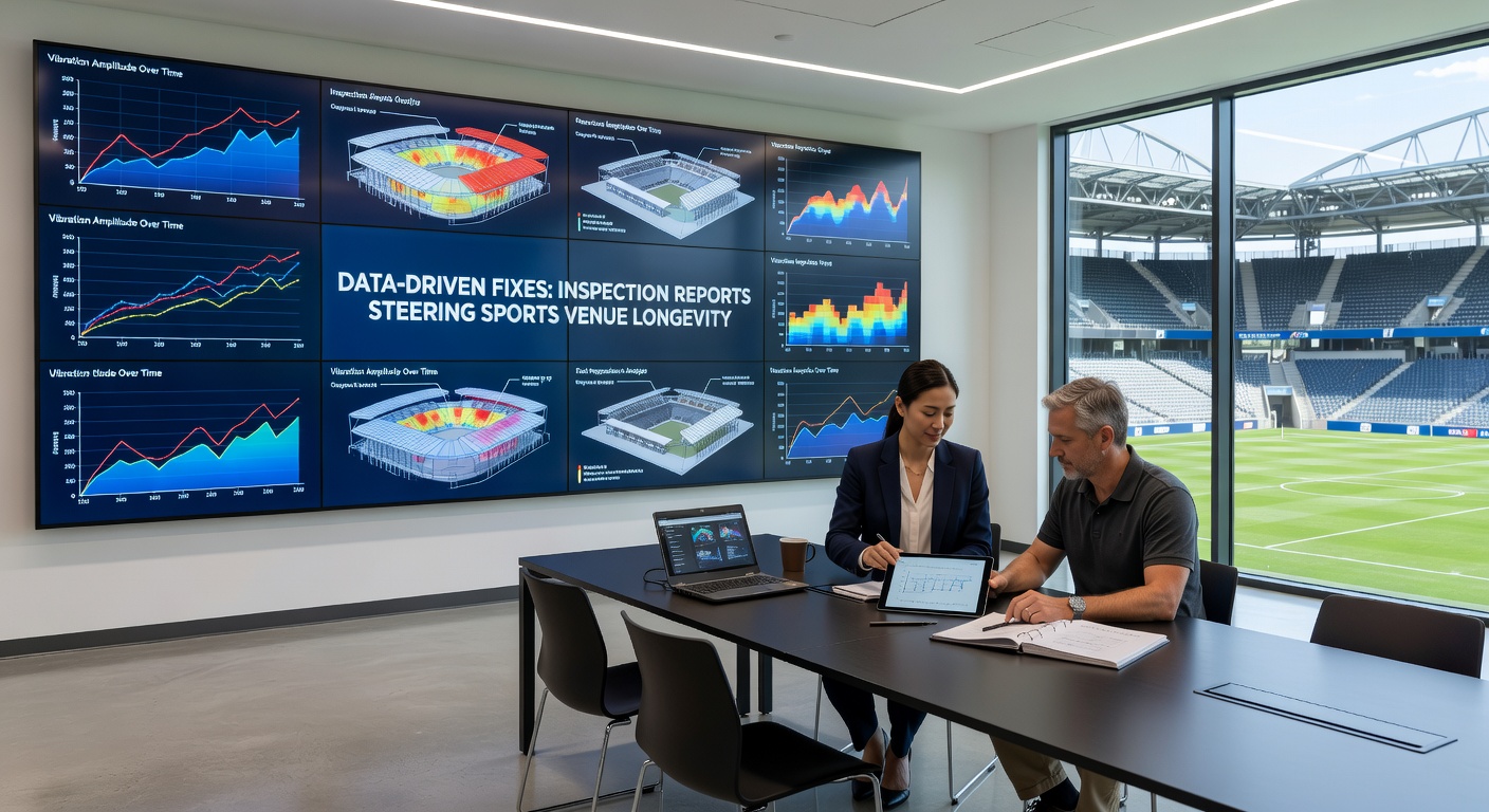 Inspectors using digital tablets to log data on a sports venue's roof structure under bright stadium lights