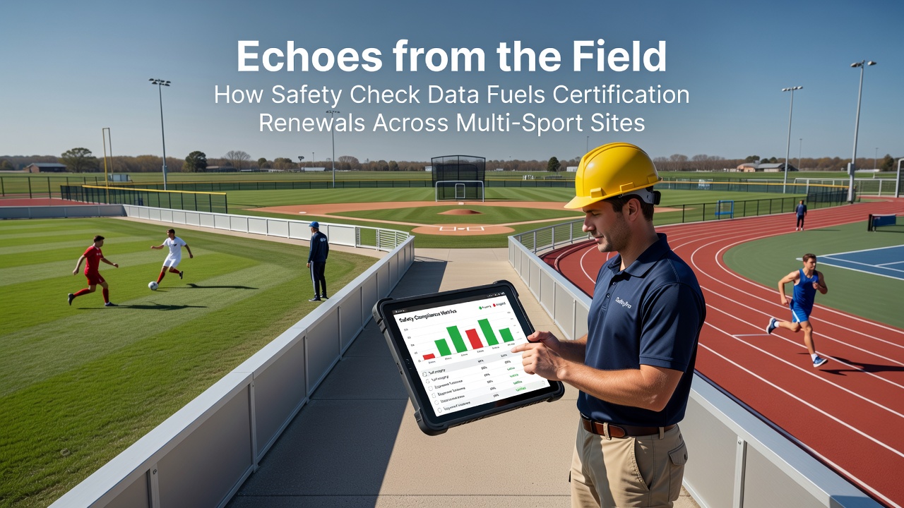 Digital dashboard displaying safety check trends and certification status across several sports facilities