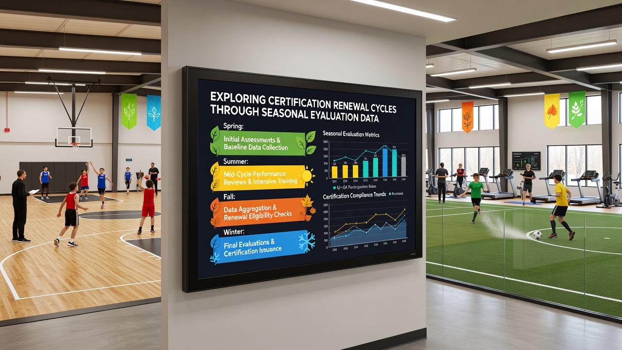 Technicians reviewing seasonal evaluation data charts on tablets inside a multi-sport community center equipment room