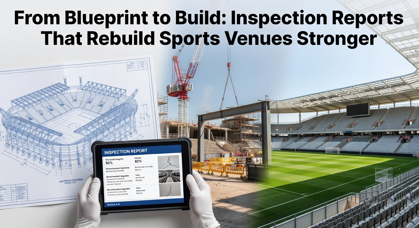 Architectural blueprint of a sports stadium overlaid with inspection checklists and structural reinforcements, highlighting the transition from design to fortified construction