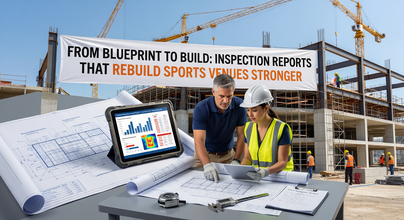 Inspectors on a construction site examining steel beams and reviewing digital reports on tablets at a half-built sports arena, with cranes and workers in the background