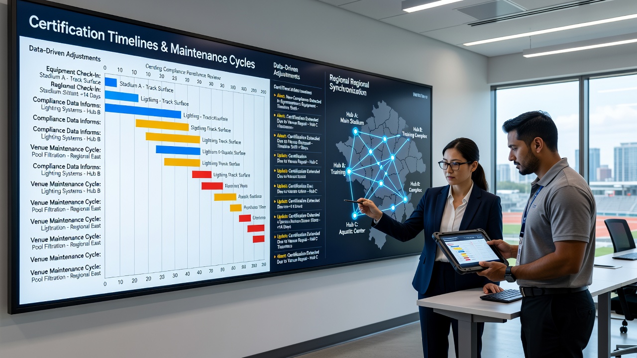 Equipment check data flowing into venue maintenance planning across athletic facilities