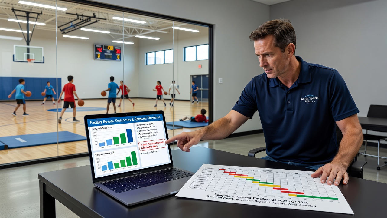 Youth athletic facility review process in action with equipment assessment
