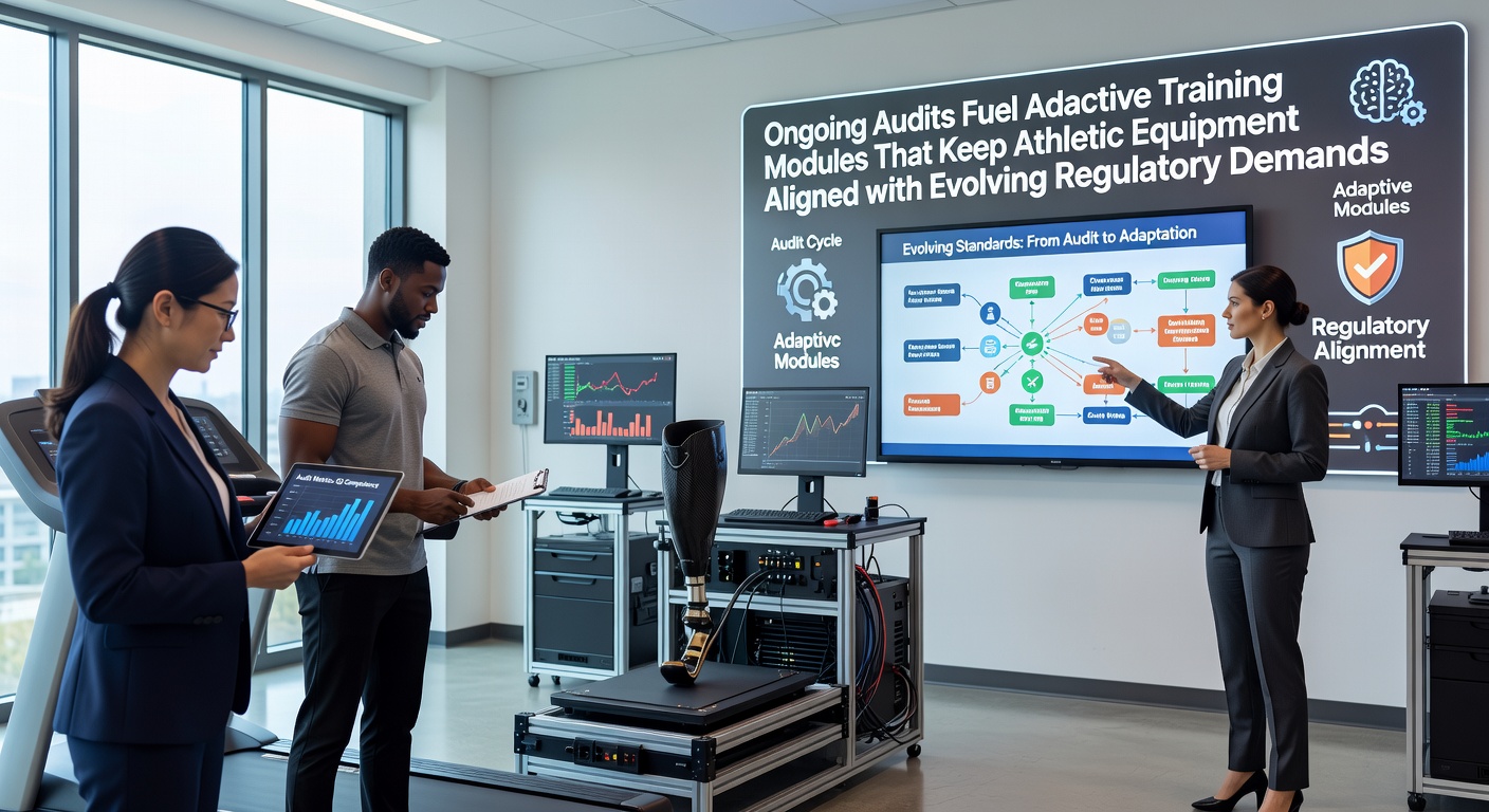 Athletic equipment inspection process showing auditors reviewing training modules for regulatory updates