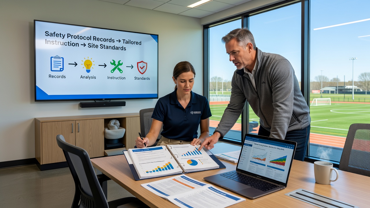 Facility staff reviewing safety protocol records to plan targeted training sessions at an athletic venue