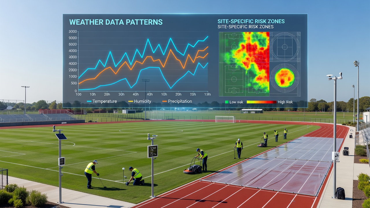 Weather monitoring equipment installed at a multi-use athletic field showing sensors and data collection tools amid green turf