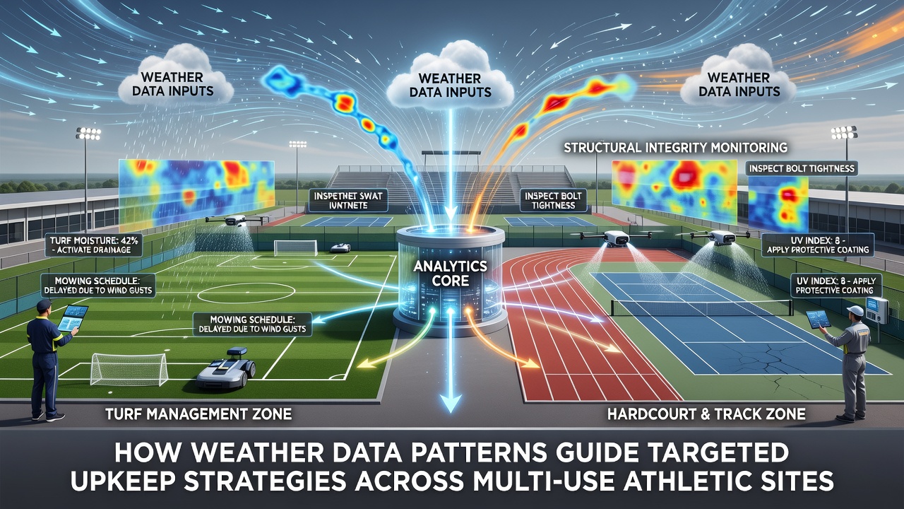 Maintenance crew performing targeted field repairs on a multi-sport athletic complex using weather-informed scheduling tools
