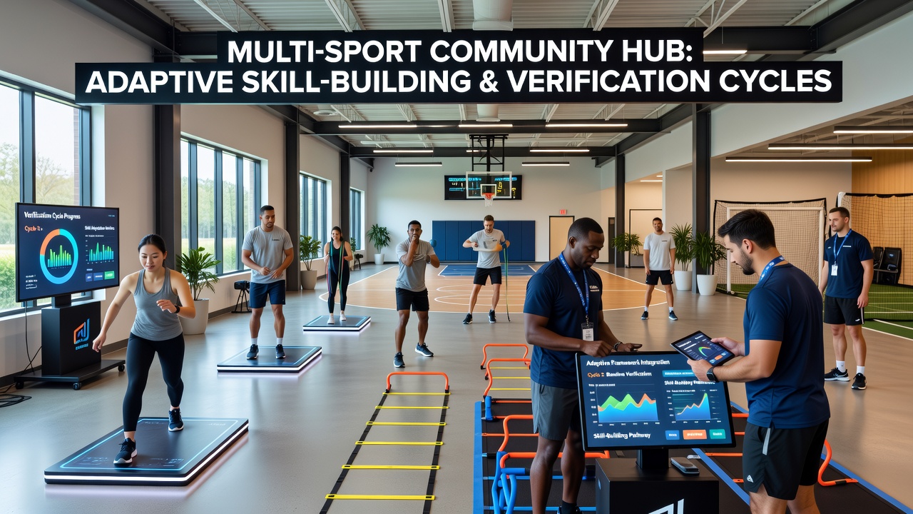 Multi-sport community hub with staff conducting equipment verification alongside training sessions