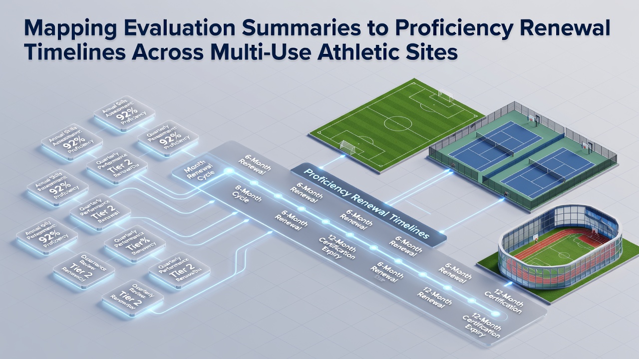 Evaluation summaries displayed alongside staff proficiency timelines for multi-use athletic facilities