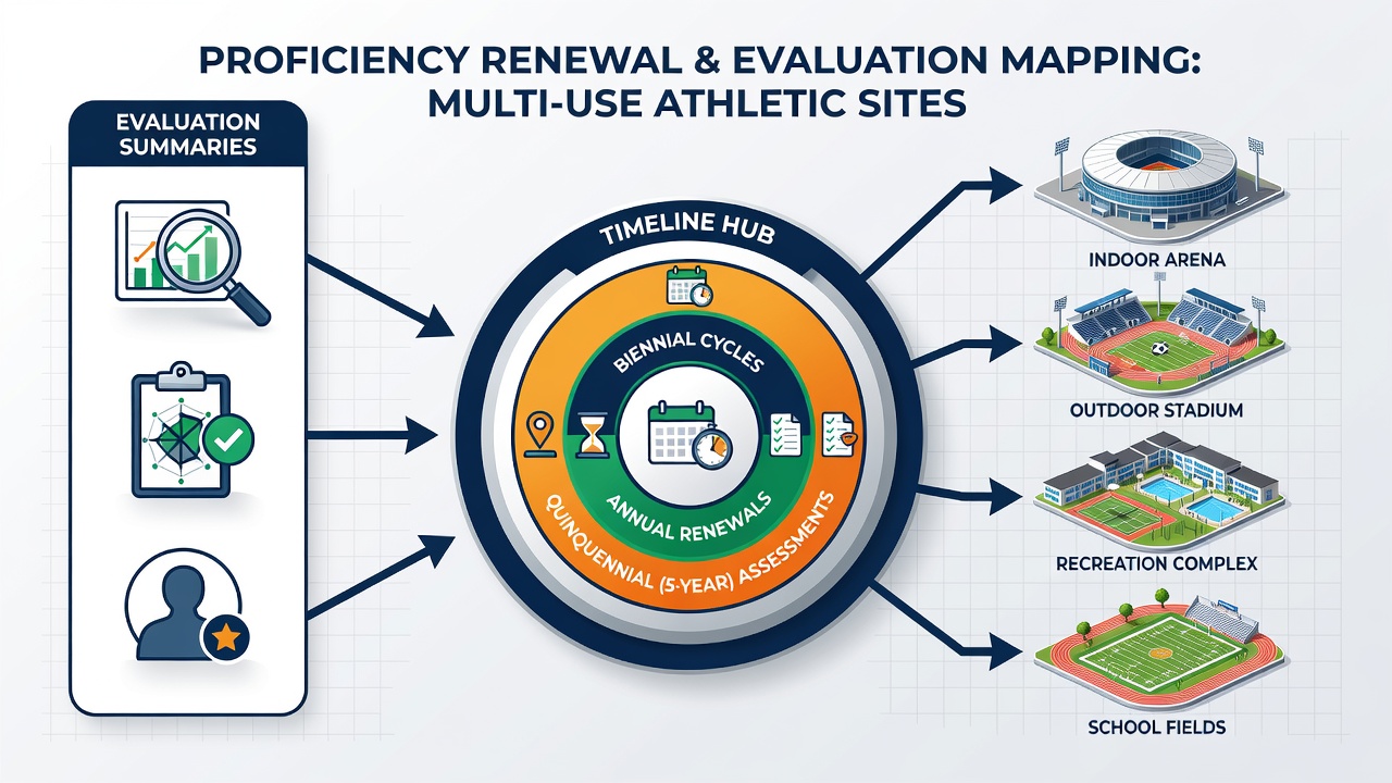 Staff reviewing mapped timelines and evaluation data in a multi-sport athletic complex