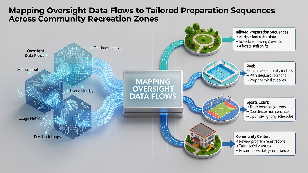 Data mapping visualization showing oversight flows from community recreation zones to preparation sequences