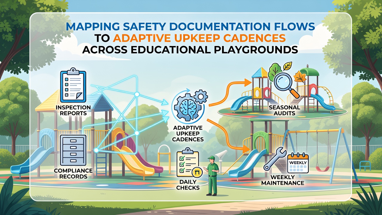 Maintenance worker reviewing digital safety logs on a tablet beside playground equipment