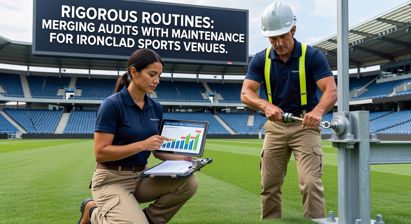 Maintenance crew conducting a merged audit and repair session on a sports stadium's structural beams, highlighting integrated safety protocols in action
