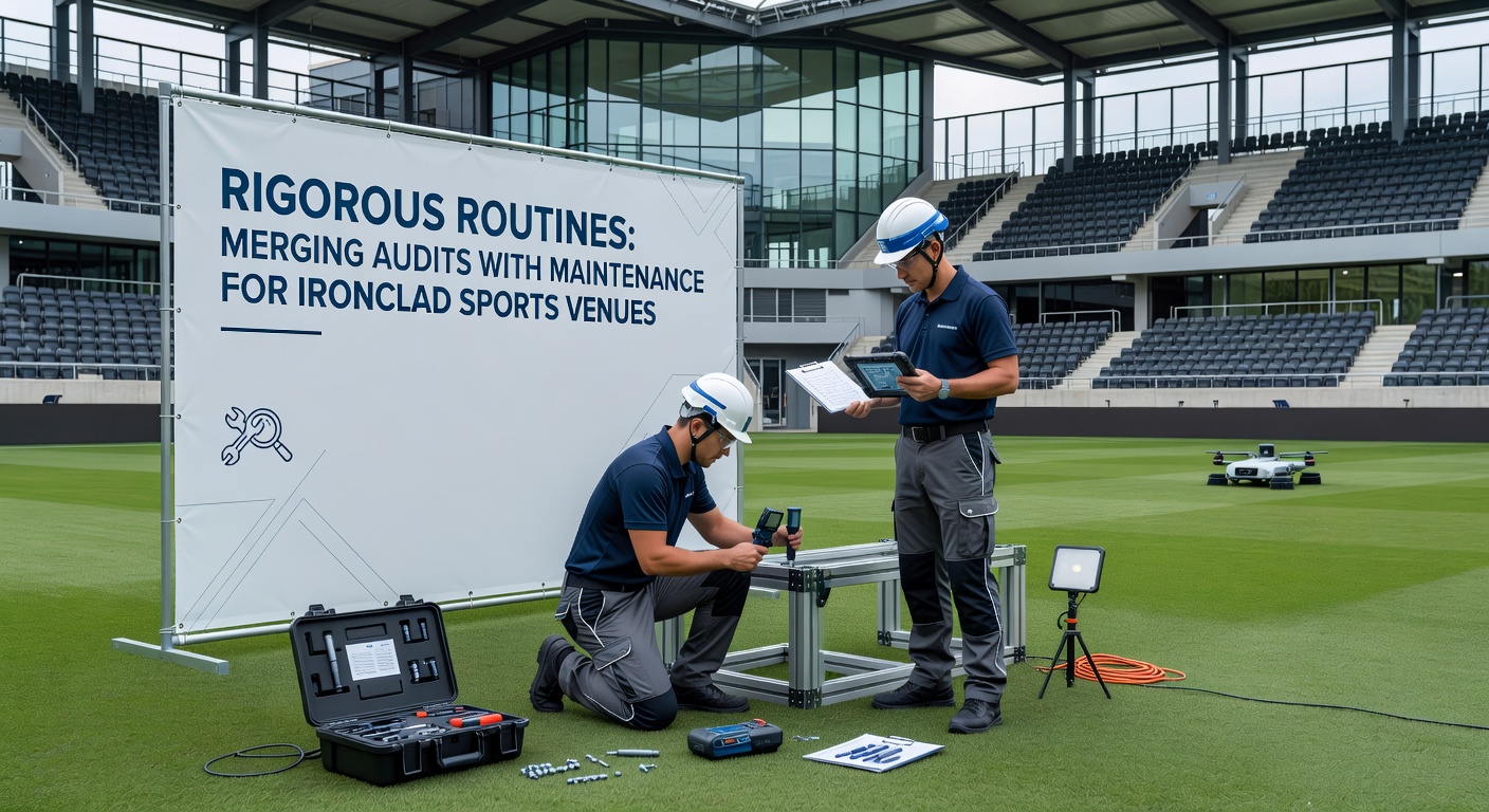 Aerial view of a bustling sports venue undergoing simultaneous audit and maintenance, with teams inspecting floodlights and repairing turf under bright stadium lights