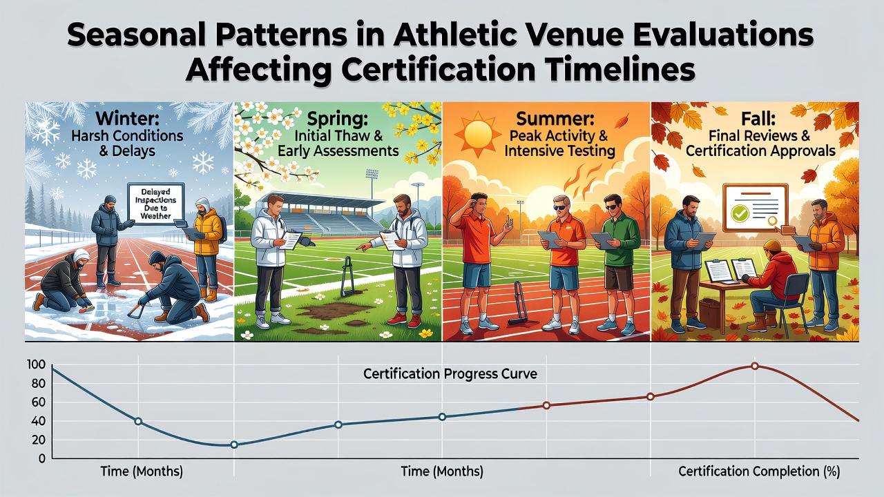 Athletic venue evaluation process during different seasons showing inspectors at an outdoor stadium