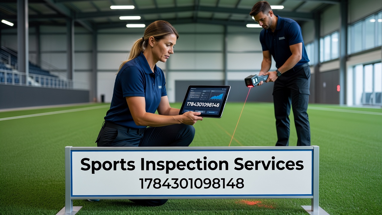 Sports inspection team reviewing structural elements at an outdoor athletic complex during a routine evaluation