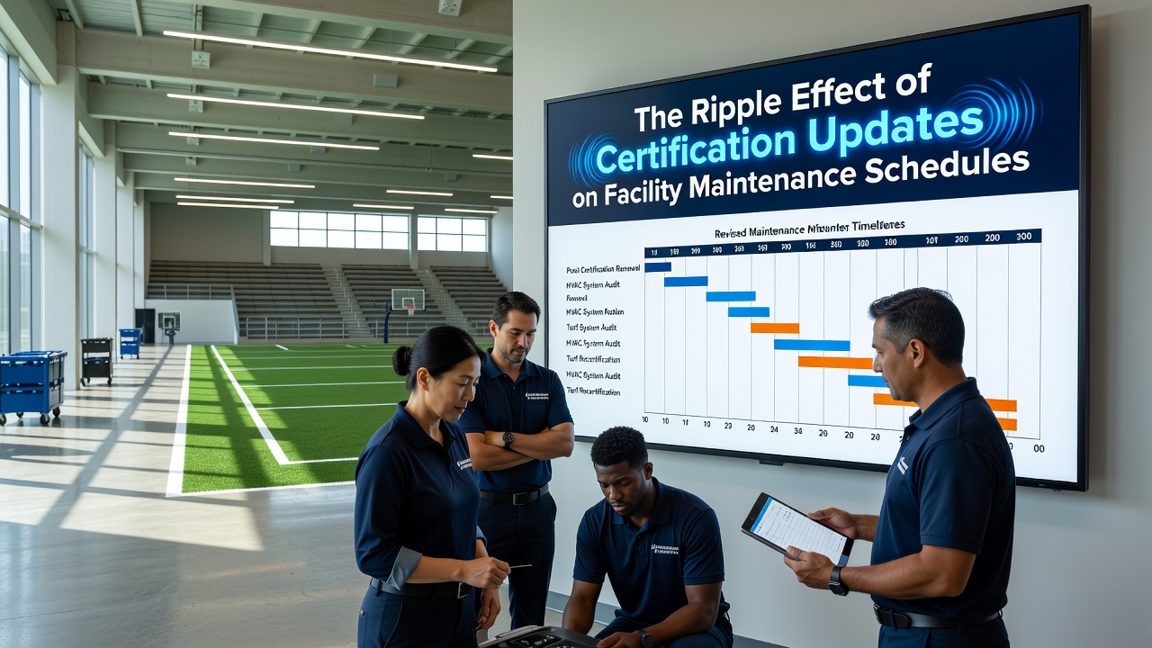 Athletic complex maintenance team reviewing updated certification requirements during a scheduled facility walkthrough
