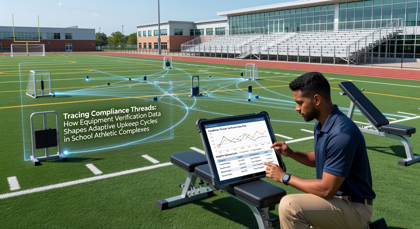 Equipment verification data being collected during a routine check at a school athletic complex, showing sensors and logs on gym apparatus