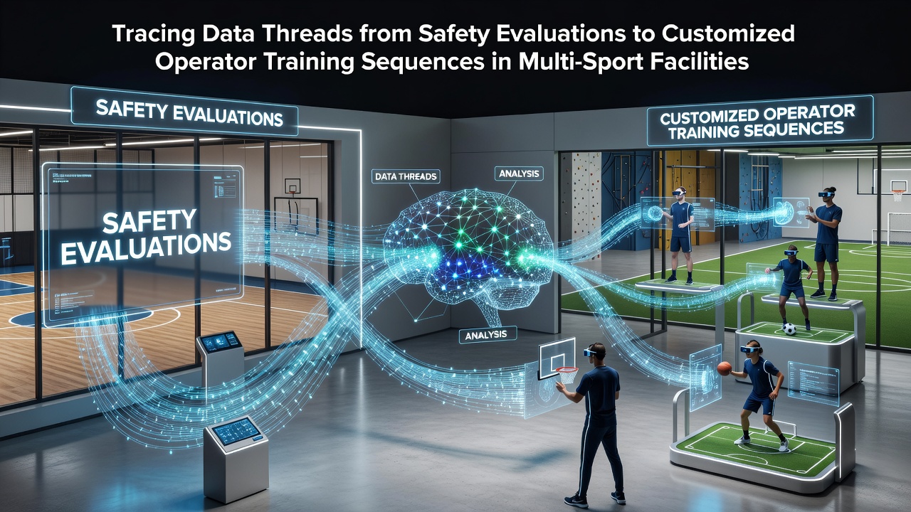 Data flow visualization showing safety evaluation reports feeding into operator training modules at a multi-sport complex