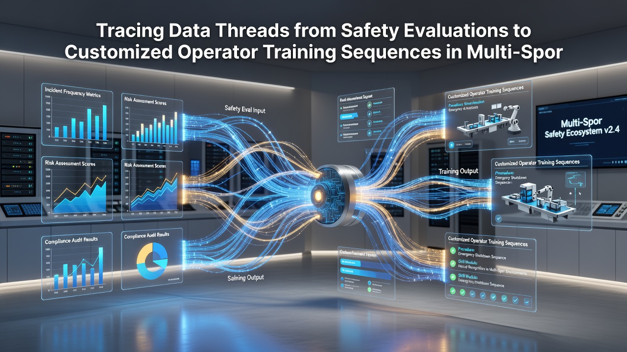 Operators reviewing customized training dashboards derived from recent safety evaluation datasets in a multi-purpose athletic venue