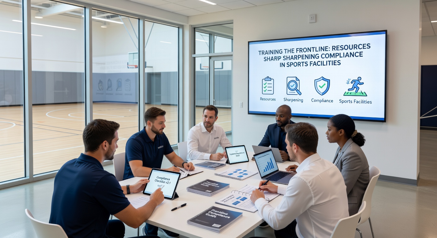 Group of diverse frontline workers engaged in an interactive compliance workshop at a modern sports complex, using tablets and checklists