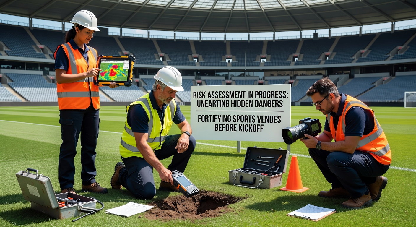 Risk assessment experts conducting a thorough pre-event inspection at a packed soccer stadium, scanning structural elements and crowd zones under bright floodlights