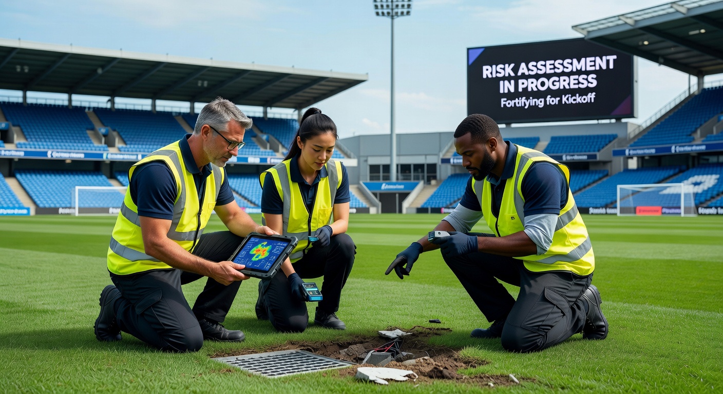 High-tech drone surveying a vast sports venue at dusk, capturing aerial views of seating bowls and field perimeters to detect hidden cracks and wear