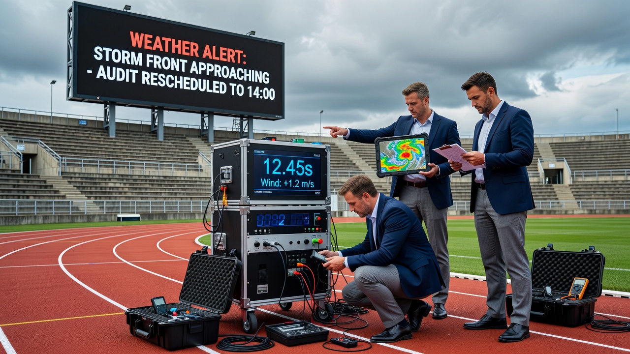 Audit team conducting equipment certification checks during favorable weather conditions in an athletic park