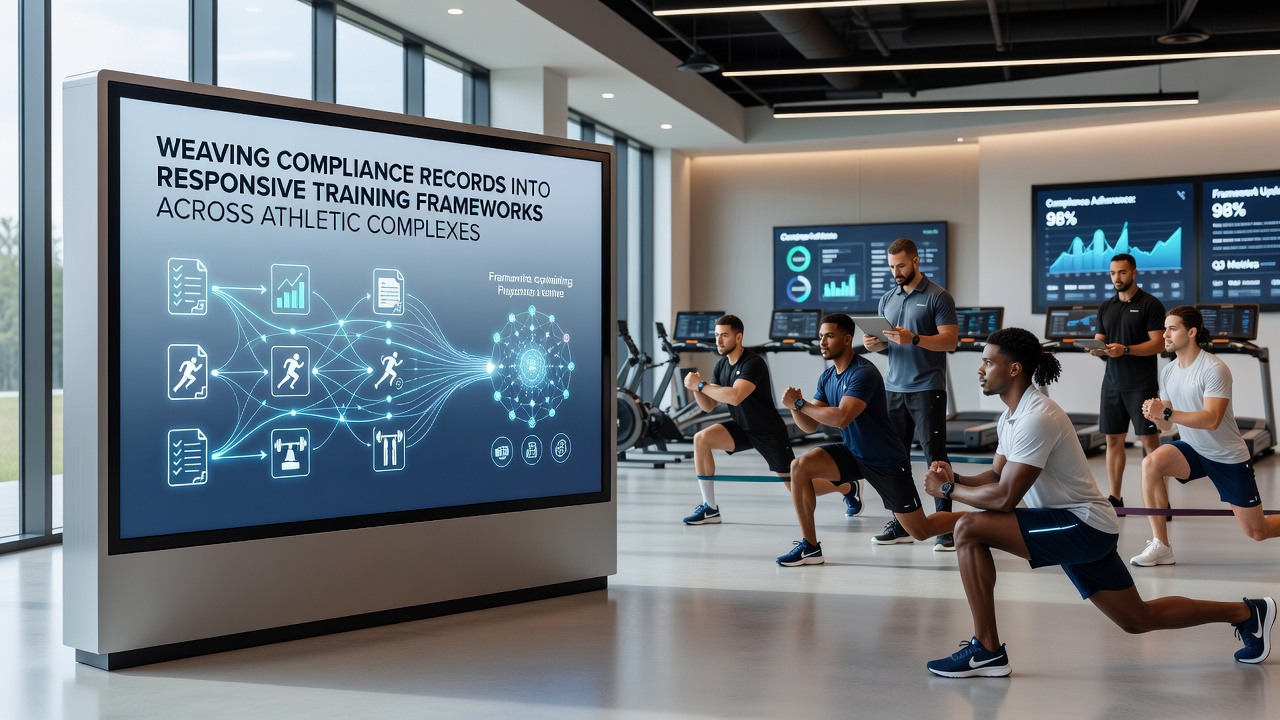 Digital dashboard displaying compliance records linked to training progress metrics in a sports facility office